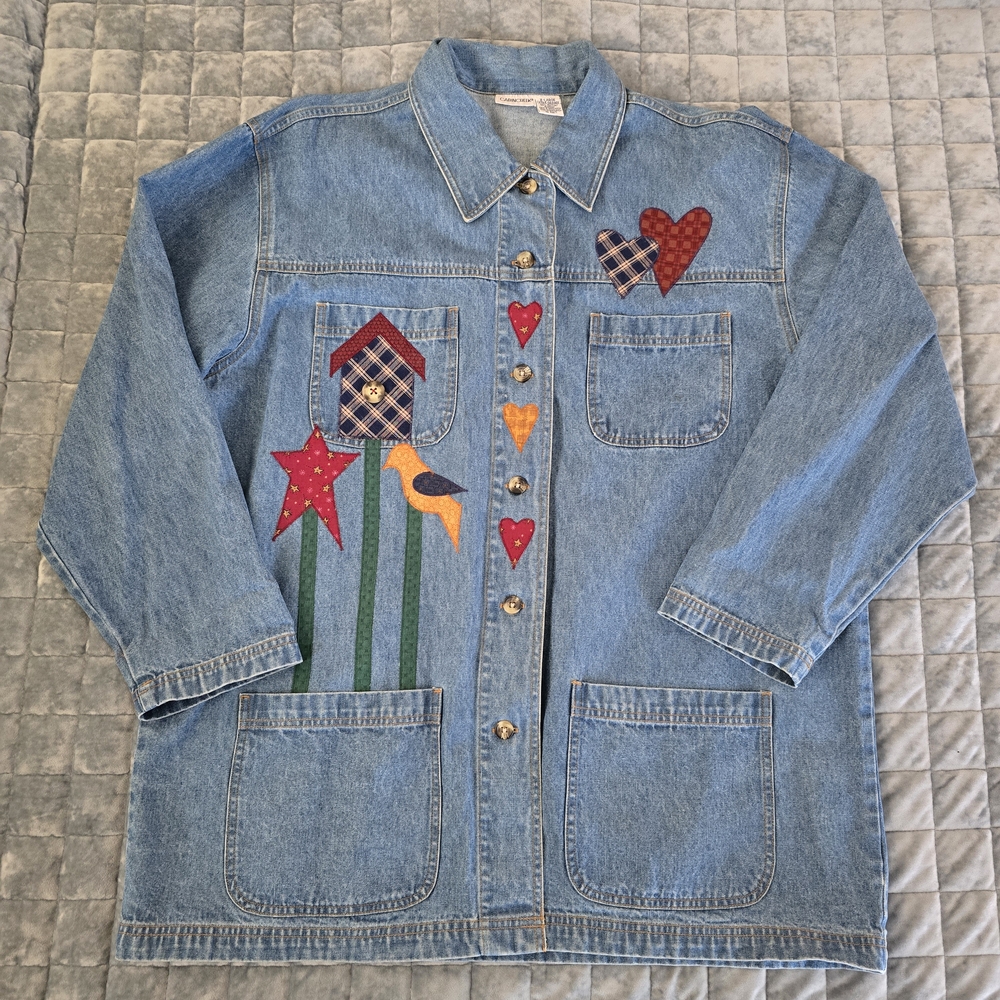 Cabin Creek Vintage Denim Barn Chore Jacket Heart Bird Star Appliqué